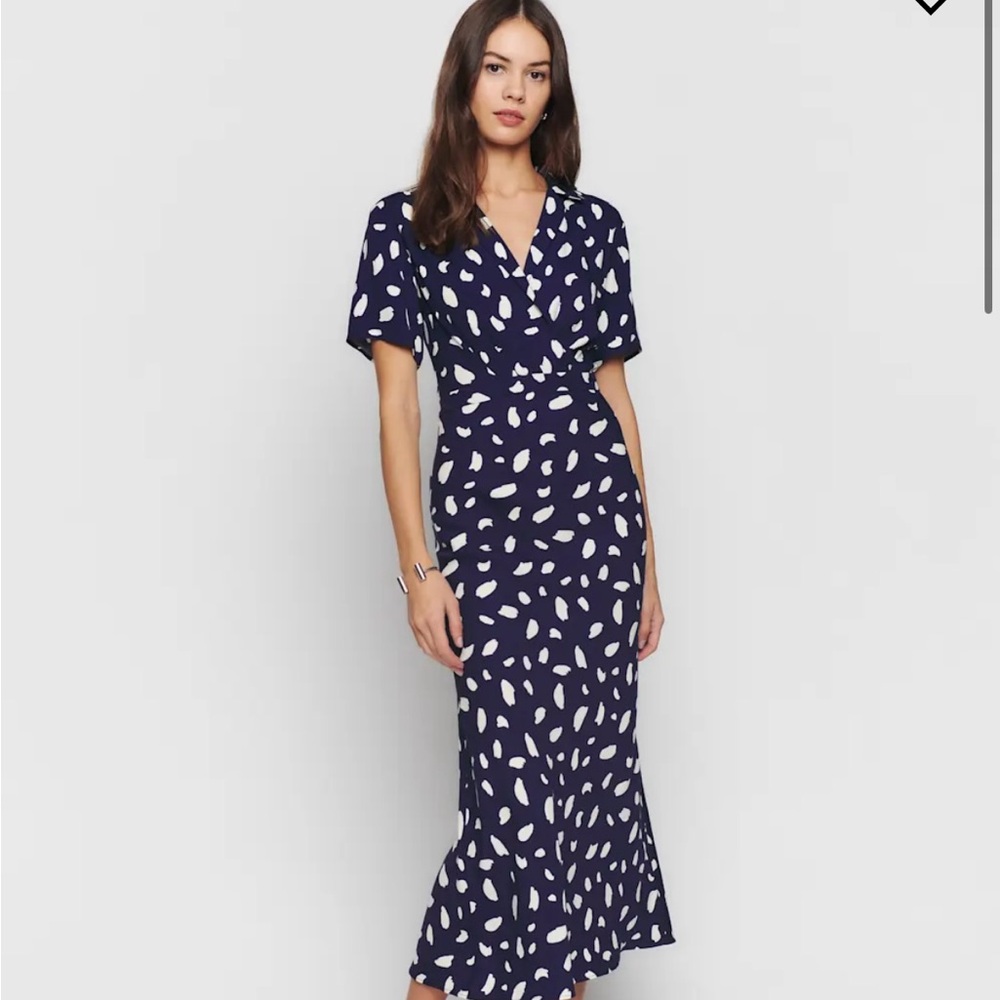 Reformation Navy and White Midi Dress